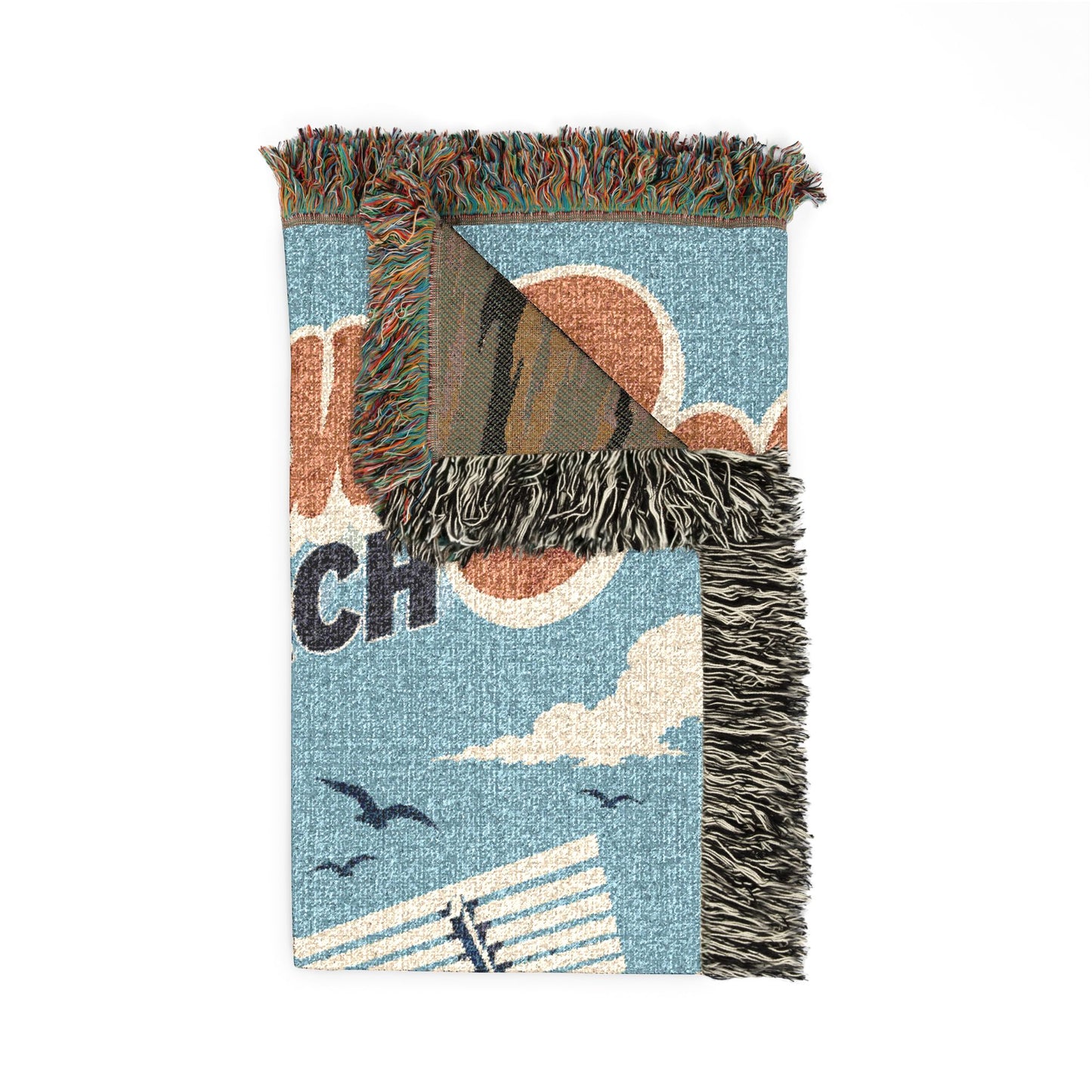 Rockaway Beach Woven Blanket — Retro Coastal Throw with Vintage Surf Poster Design