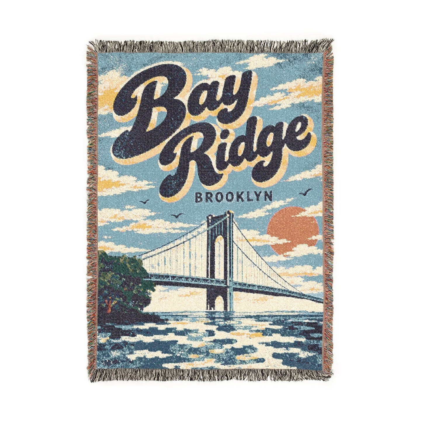 Bay Ridge Bridge Woven Blanket — Vintage Verazzano Bridge Sunset Brooklyn Throw