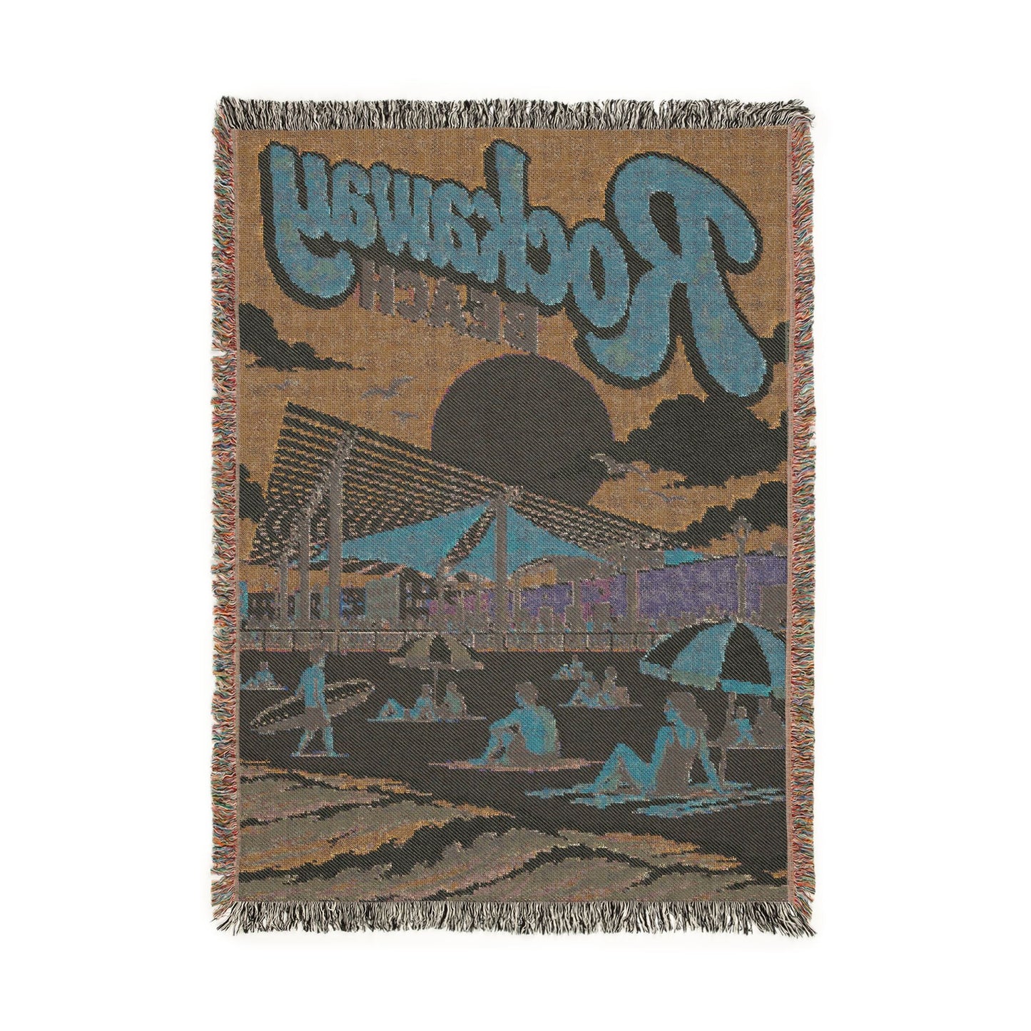 Rockaway Beach Woven Blanket — Retro Coastal Throw with Vintage Surf Poster Design