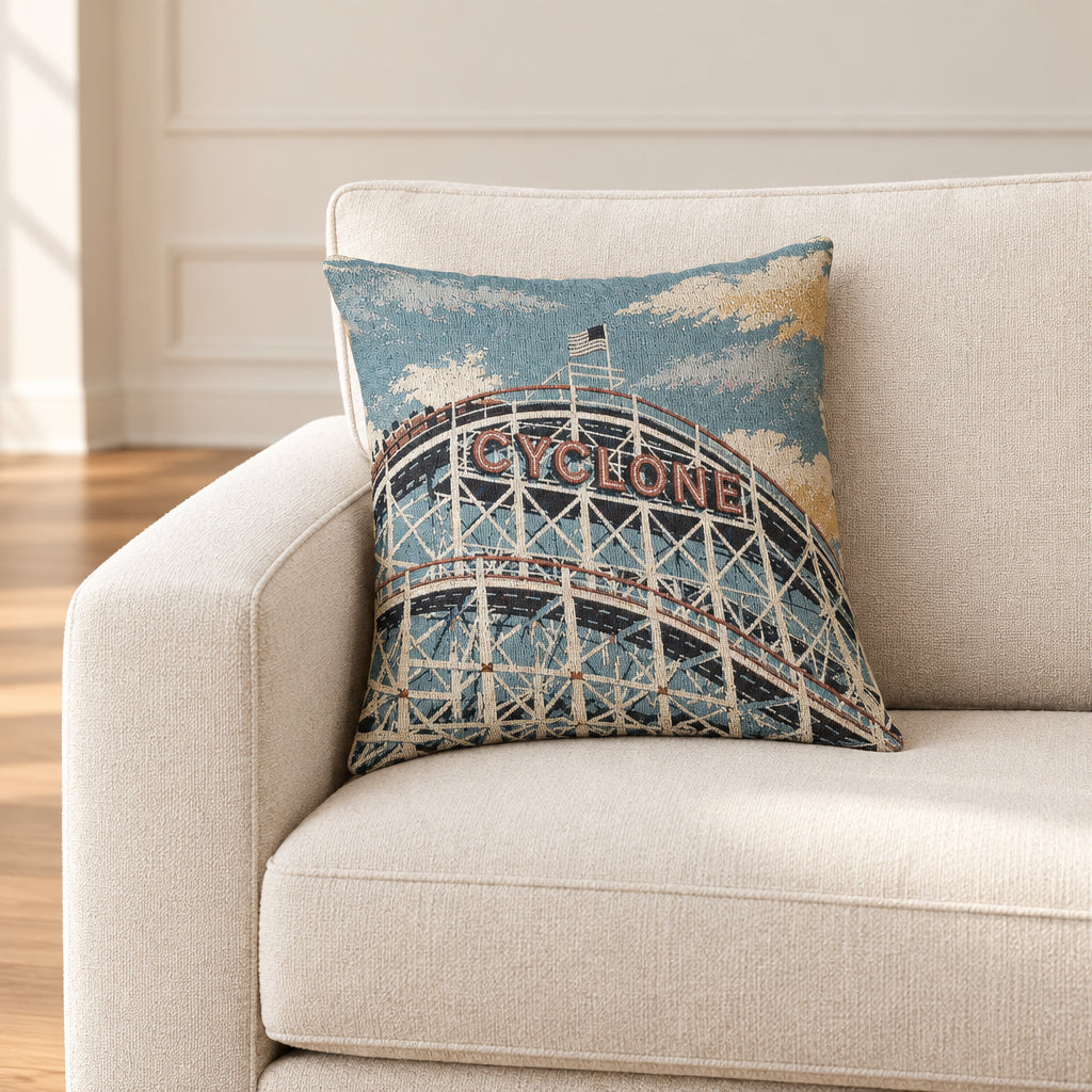 Woven Pillow — Cyclone Roller Coaster Retro Boardwalk Decorative Pillow
