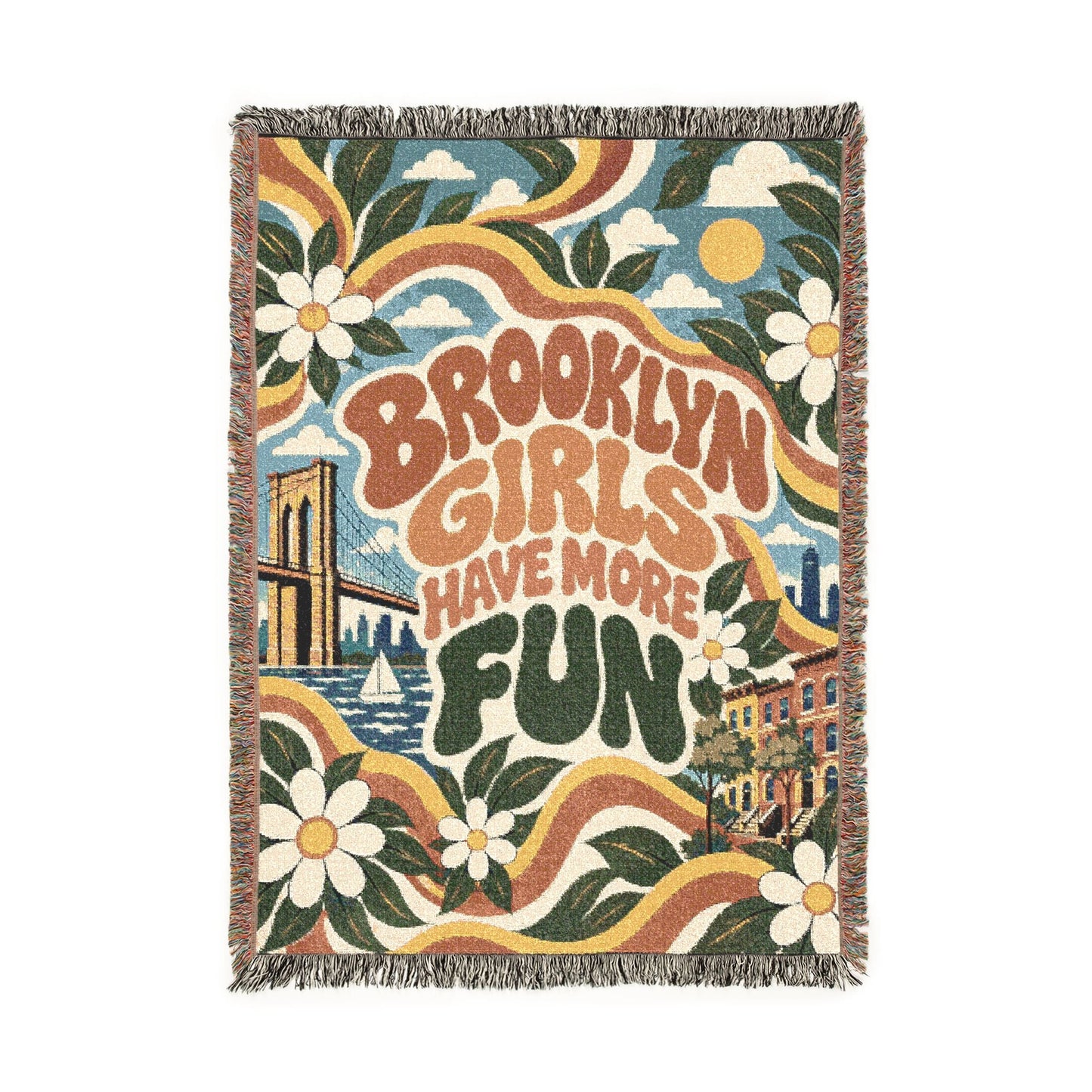 Brooklyn Girls Have More Fun Woven Throw Blanket — Retro Floral Vintage Vibe