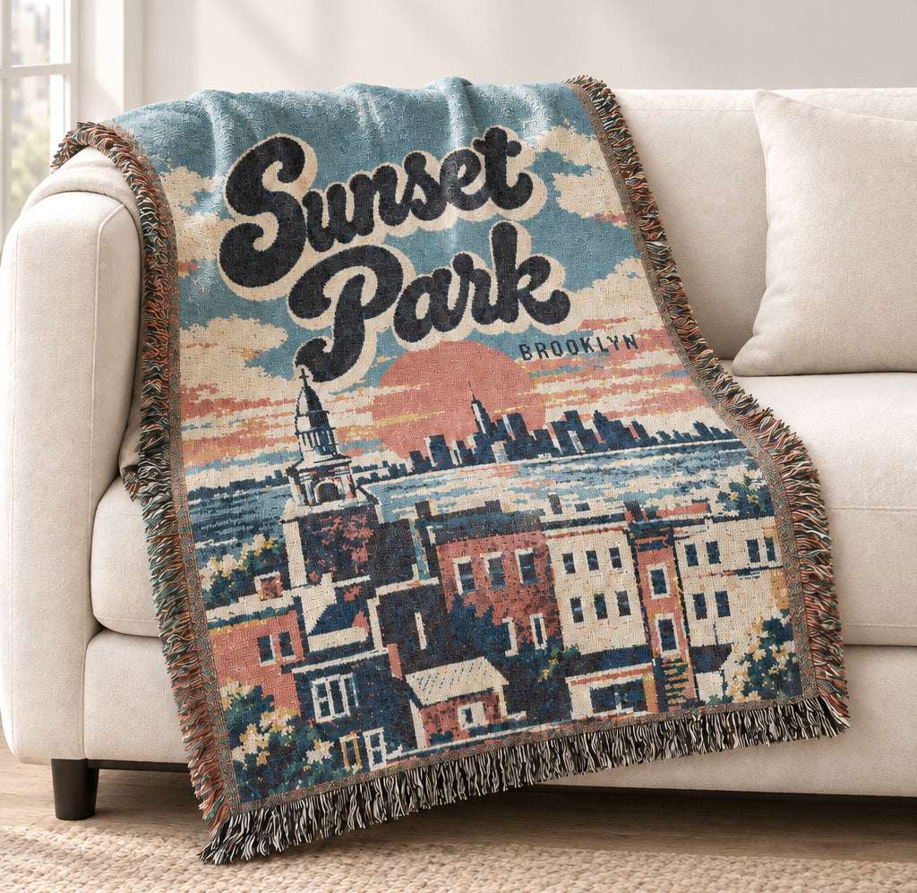 Sunset Park Woven Throw Blanket — Retro Cityscape Tapestry Blanket