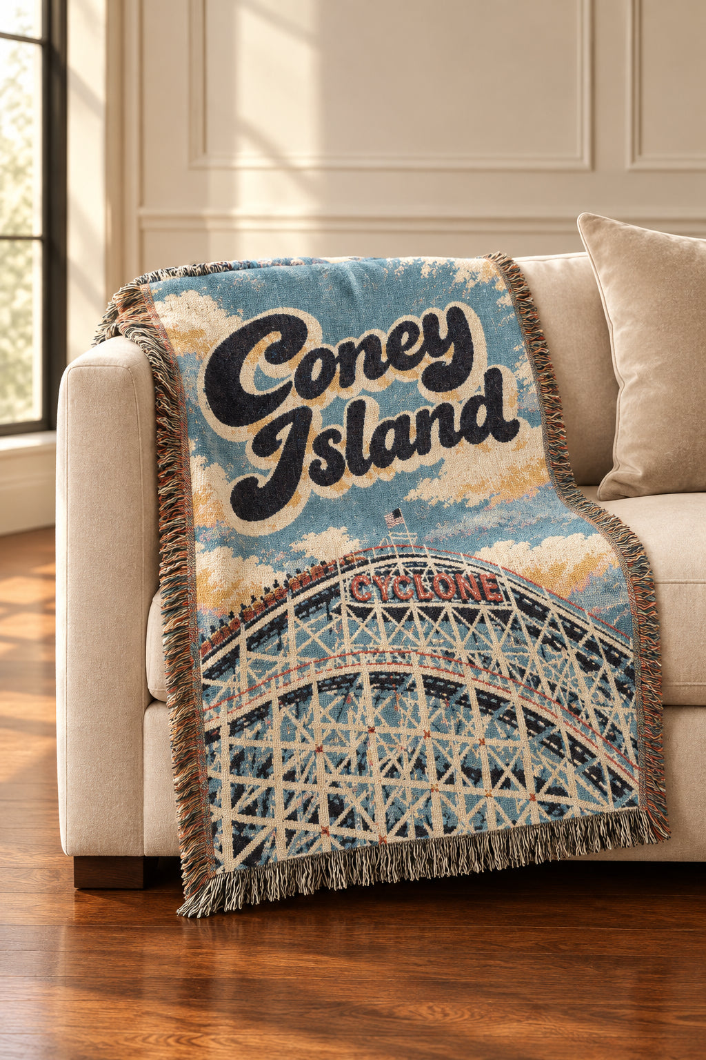 Coney Island Woven Throw Blanket – Retro Boardwalk Carousel Design