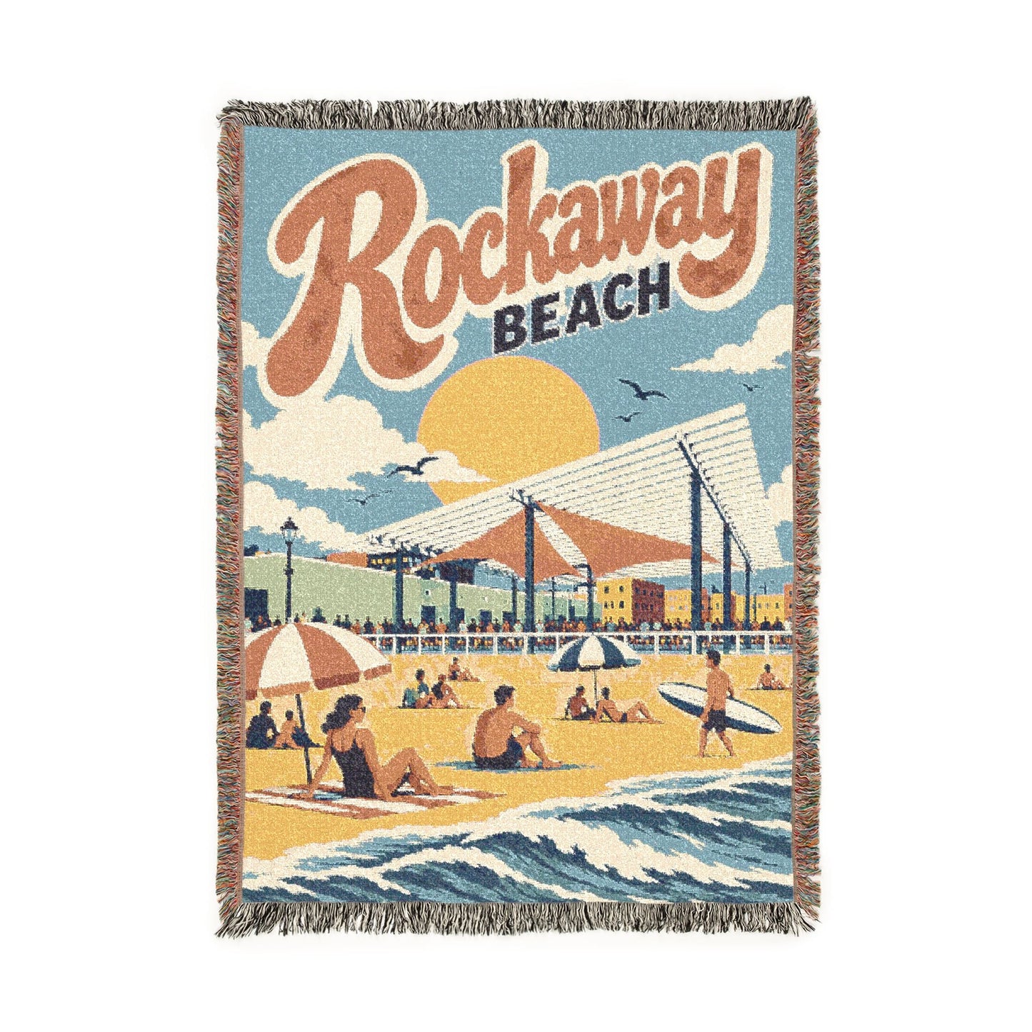 Rockaway Beach Woven Blanket — Retro Coastal Throw with Vintage Surf Poster Design