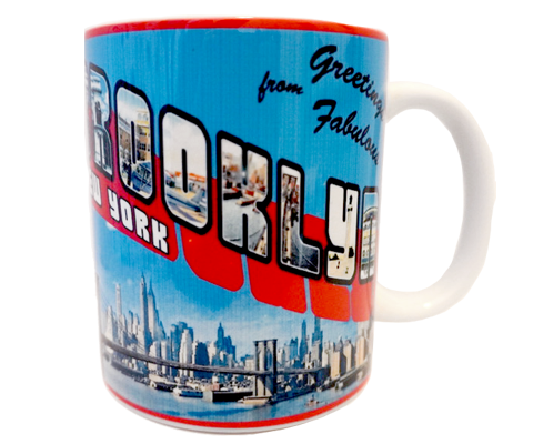 11oz white ceramic mug featuring a colorful, retro “Greetings From Brooklyn” postcard-style design. Dishwasher and microwave safe, NYC souvenir mug.