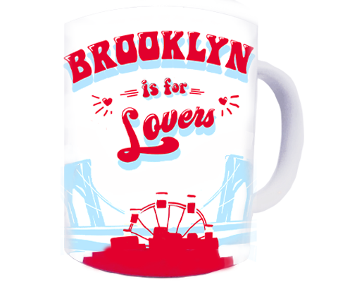 Minimal ceramic coffee mug with “Brooklyn Is for Lovers” text, designed by a Brooklyn-based artist.