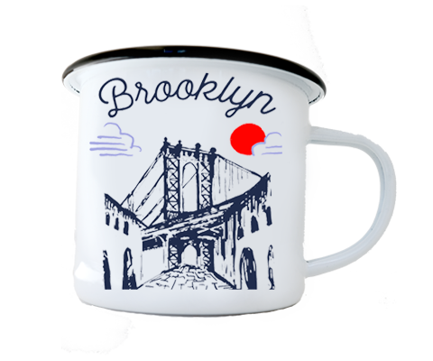 Metal camp mug with a minimalist sketch of the Manhattan Bridge, designed by a Brooklyn-based artist.