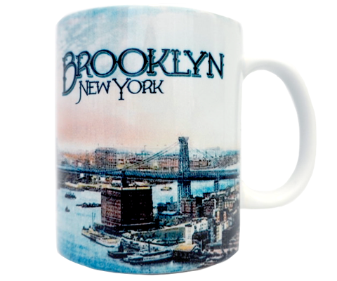 11oz white ceramic mug featuring a hand-drawn Brooklyn skyline sketch, highlighting bridges, rooftops, and retro city charm. Dishwasher & microwave safe.