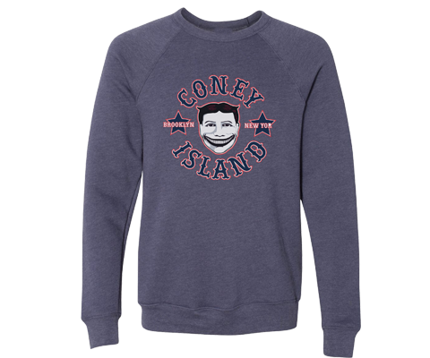 Unisex crew neck sweatshirt made of 100% sponge cotton fleece featuring our artistic interpretation of the historic Coney Island Steeplechase Park Funny Face logo designed by Brooklyn artist Lola Star.