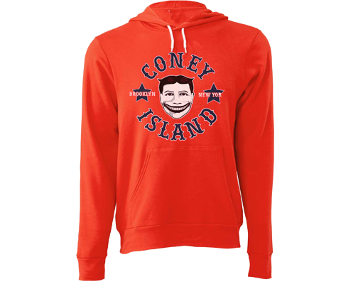 Unisex pullover hoodie featuring our artistic interpretation of the historic Steeplechase Park Funny Face logo from Coney Island, styled as modern Brooklyn streetwear by artist Lola Star.