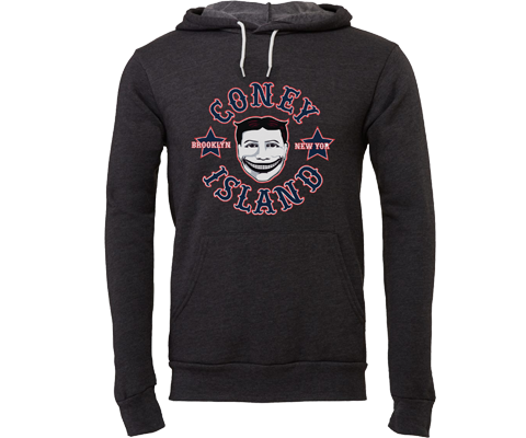 Dark gray unisex pullover hoodie featuring our artistic interpretation of the historic Steeplechase Park Funny Face logo from Coney Island, designed by Brooklyn artist Lola Star.