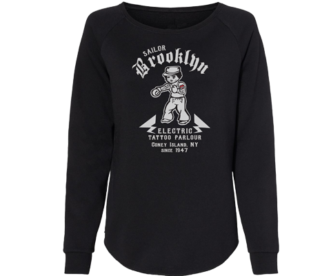 Women’s 100% cotton scoop neck hoodie featuring vintage sailor tattoo flash artwork inspired by Brooklyn and Coney Island culture, designed by artist Lola Star.