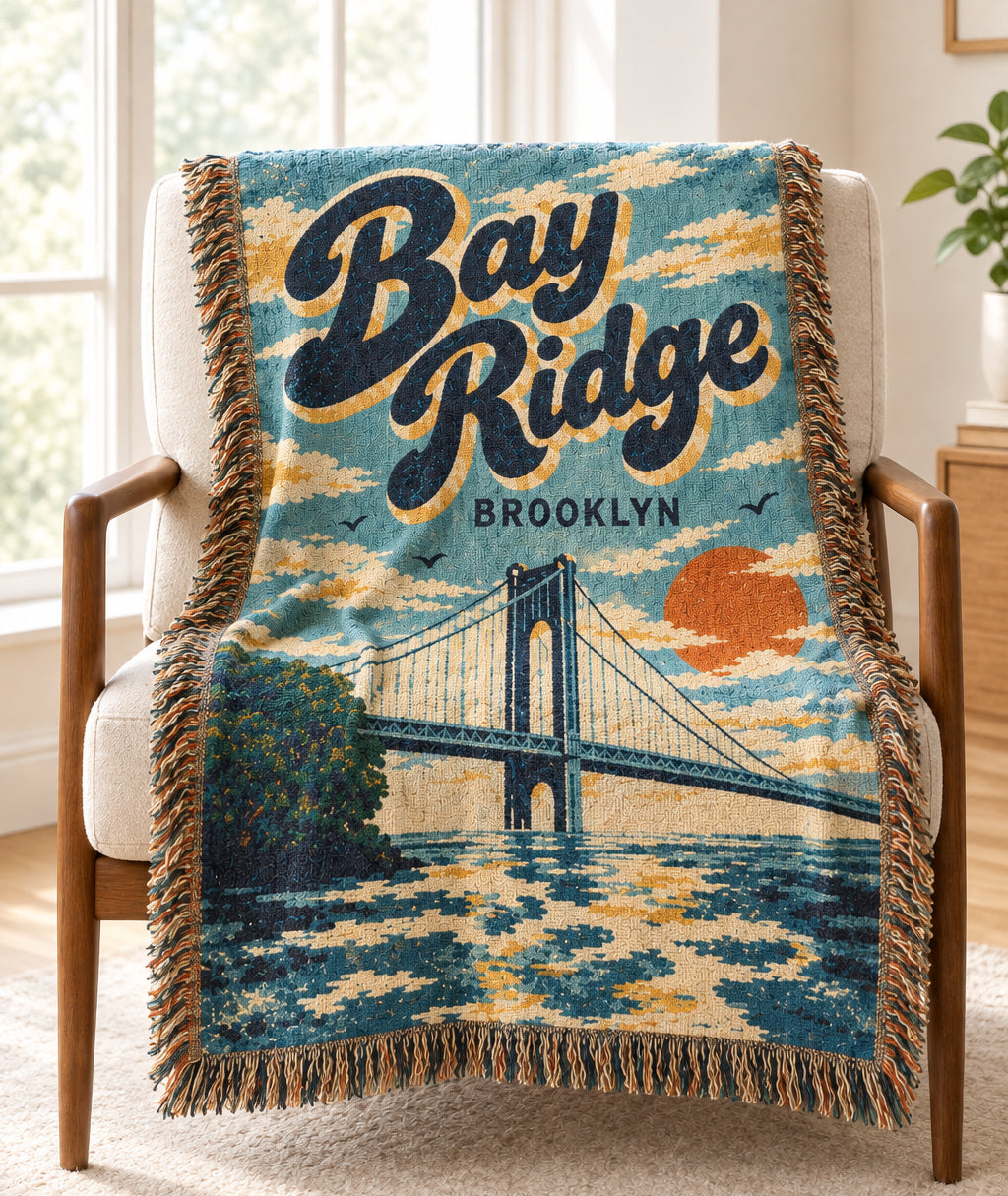 Bay Ridge Bridge Woven Blanket — Vintage Verazzano Bridge Sunset Brooklyn Throw