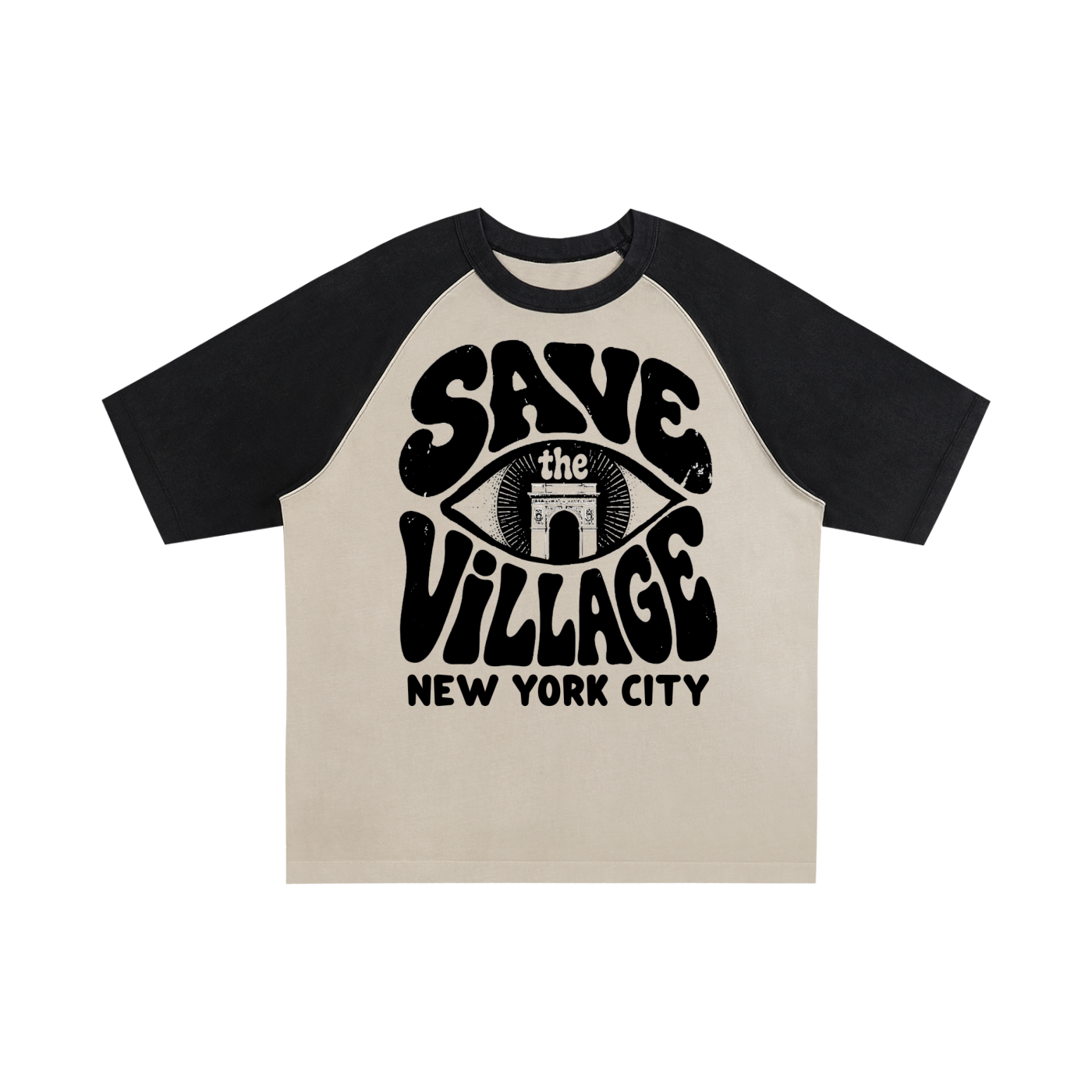 New York Save The Village Raglan Sleeve T-Shirt- Thrift Shop Village Collection