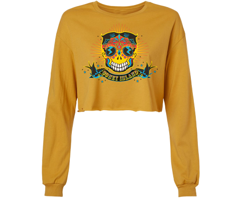 Gold cropped hoodie featuring a sugar skull with Coney Island amusement park iconography, hand-drawn by Brooklyn artist Lola Star. Urban streetwear meets calavera art.