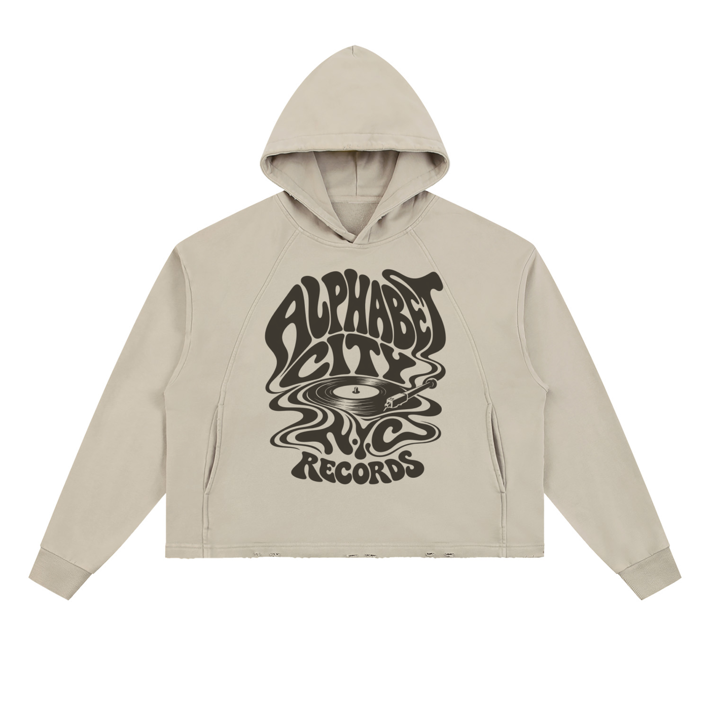 New York Alphabet City Records Vintage Washed Frayed-Hem Hoodie- Village Thrift Shop Collection
