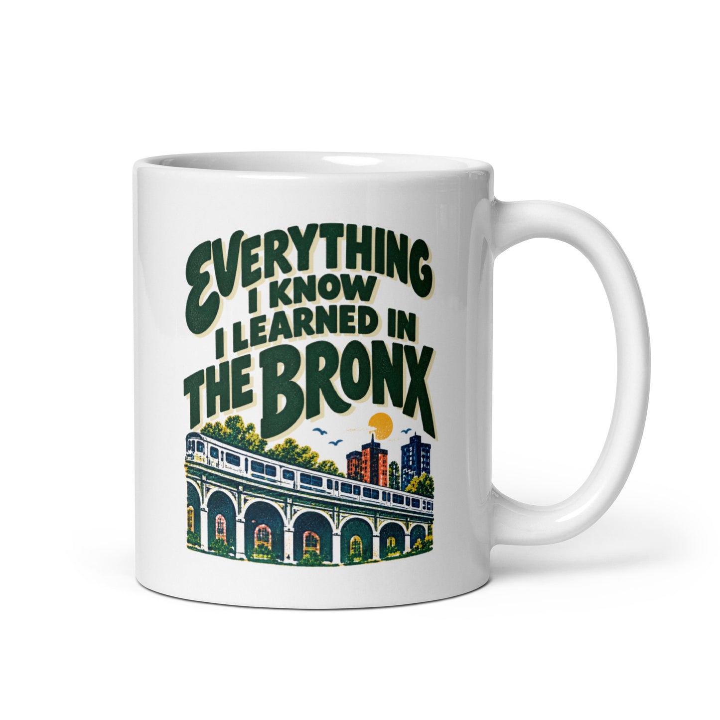Everything I Know I Learned in the Bronx ceramic mug with original illustrated Bronx artwork by Lola Star