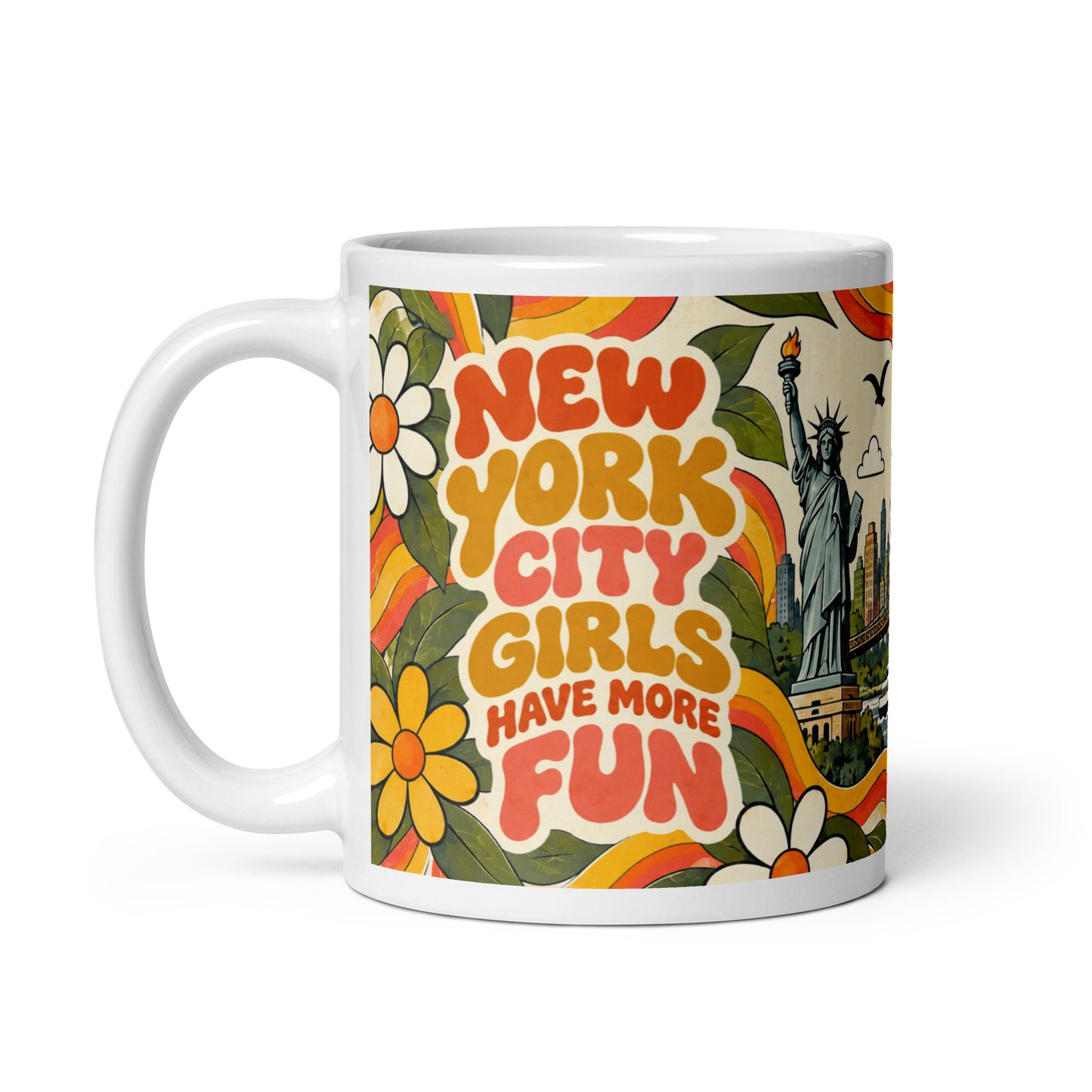 New York City Girls Have More Fun white ceramic mug with colorful original NYC artwork by Lola Star
