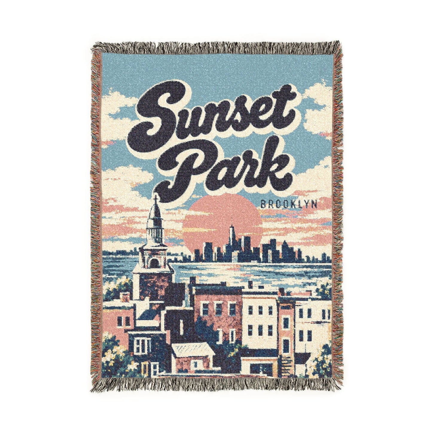 Sunset Park Woven Throw Blanket — Retro Cityscape Tapestry Blanket