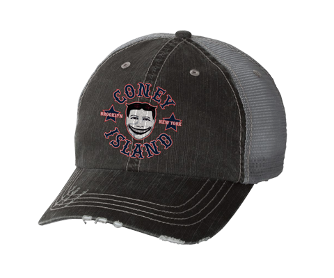 Coney Island hat, vintage Steeplechase funny face design on a gray two-toned distressed baseball cap with a mesh back, hand-printed, handmade gifts for everyone made in Brooklyn NY