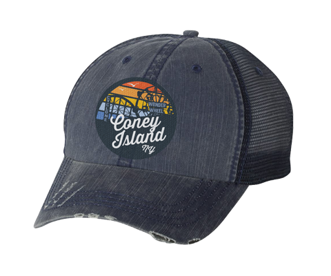 Coney island hat,rainbow surfer patch , distressed navy blue mesh classic baseball cap, hand-applied patch, handmade gifts made for everyone in Brooklyn NY 