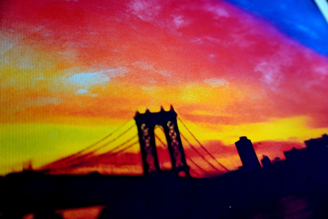 Brooklyn Sunset Watercolor on Canvas Framed Wall Art 11" x 17"