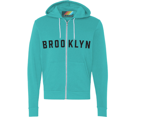 Aqua Brooklyn zip-up sweatshirt featuring vintage white lettering, hood and front pockets with a relaxed classic fit.