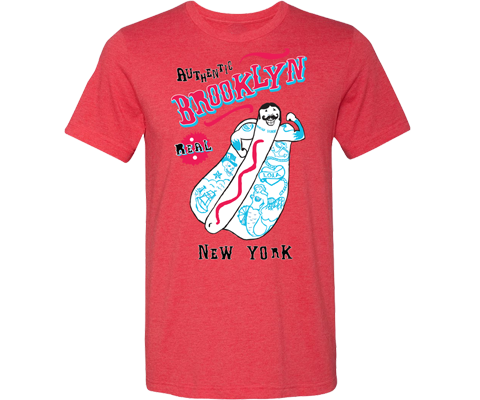 Heather crew neck Brooklyn t-shirt featuring a vintage tattoo-style hotdog graphic with “Authentic Brooklyn Hotdog” lettering and a relaxed unisex fit.