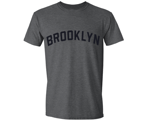 Deep heather gray Brooklyn crew neck t-shirt featuring vintage velvet lettering and a relaxed unisex fit.