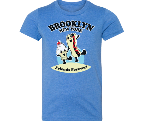 Medium blue youth crew neck t-shirt featuring a retro illustration of an ice cream cone and hot dog holding hands with “Friends Forever Brooklyn” lettering.
