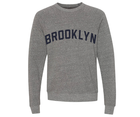 Heather gray Brooklyn crewneck pullover sweatshirt featuring dark blue vintage lettering and a relaxed classic fit.