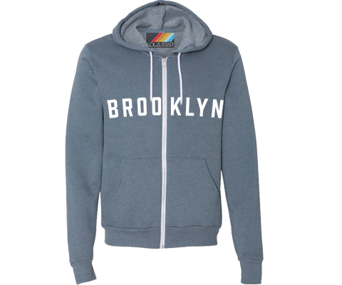 Heather slate blue Brooklyn zip-up sweatshirt featuring vintage white lettering, hood and front pockets with a relaxed classic fit.