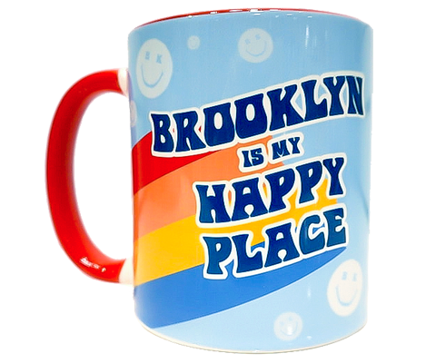 11oz ceramic coffee mug featuring a colorful rainbow “Brooklyn Is My Happy Place” design by a Brooklyn-based artist.