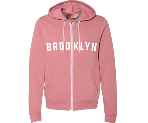 Mauve Brooklyn zip-up sweatshirt featuring vintage white lettering, hood and front pockets with a relaxed classic fit.