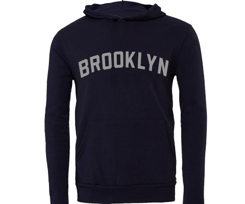 Navy blue Brooklyn pullover hoodie featuring vintage white lettering, front kangaroo pocket and a relaxed classic fit.