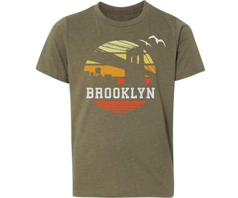 Heather olive green youth crew neck t-shirt featuring a retro surfer-style Brooklyn Bridge sunset illustration with a comfortable unisex fit.