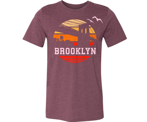 Heather maroon Brooklyn crew neck t-shirt featuring a vintage sunset graphic with the Brooklyn Bridge and a relaxed unisex fit.