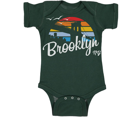 Green 100% cotton baby onesie featuring a retro Brooklyn Rainbow Surfer illustration with unisex fit and snap closures for easy diaper changes.