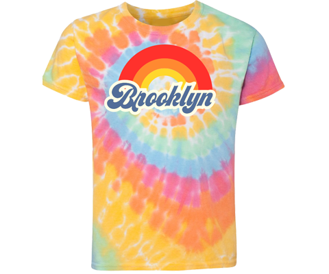 Rainbow tie dye kids Brooklyn t-shirt with retro script lettering. Soft unisex fit. Designed and hand printed in Brooklyn, NY.