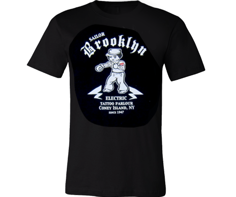 Heather crew neck Brooklyn t-shirt featuring a vintage tattoo-style sailor illustration inspired by classic Coney Island tattoo parlors.