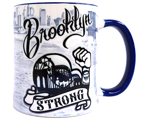 White ceramic 11oz mug with bold Brooklyn Strong lettering in a vintage-inspired design. Dishwasher and microwave safe coffee mug.