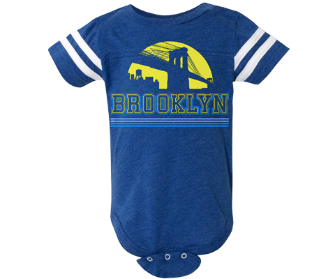 Blue stripe 100% cotton baby onesie featuring a retro yellow sunrise Brooklyn illustration with unisex fit and snap closures for easy diaper changes.