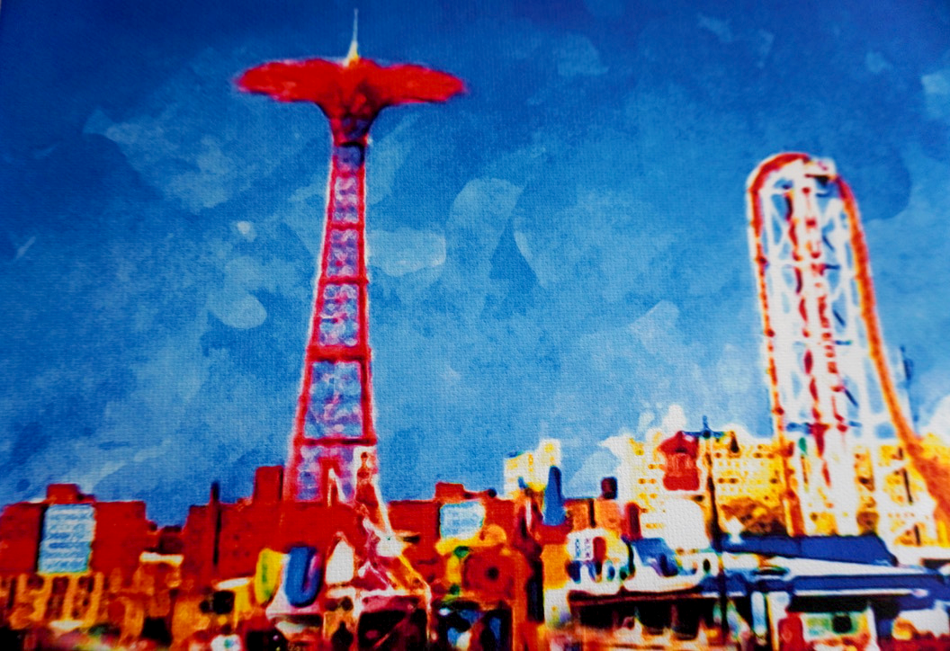 Coney Island Boardwalk Watercolor on Canvas Framed Wall Art 11" x 17"