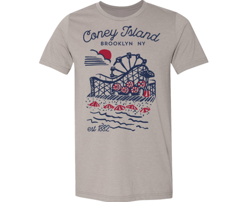 Hand-drawn Coney Island t-shirt featuring the beach, boardwalk, Wonder Wheel, Cyclone roller coaster and Luna Park with retro surf style.