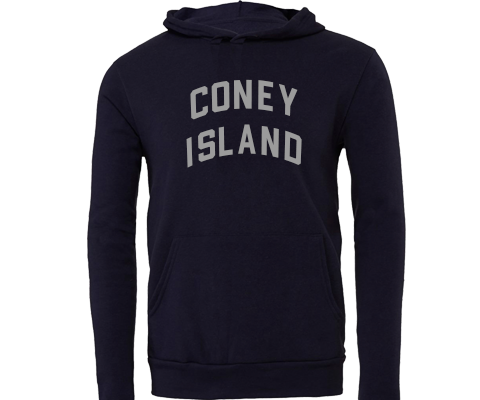 Navy blue Coney Island pullover sweatshirt featuring vintage velvet lettering, front pocket and hood with a classic cozy fit.