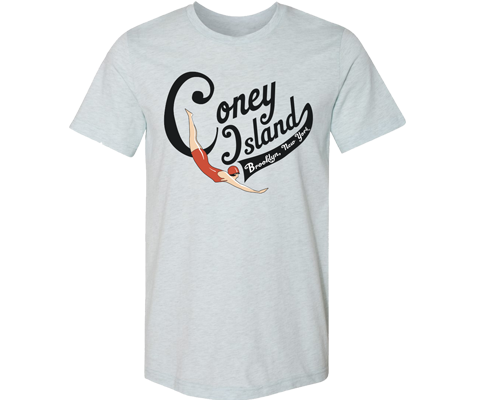 Hand-designed Coney Island swimmer t-shirt featuring a sketched swimmer in a vintage swimsuit diving into the ocean with classic beach vibes.