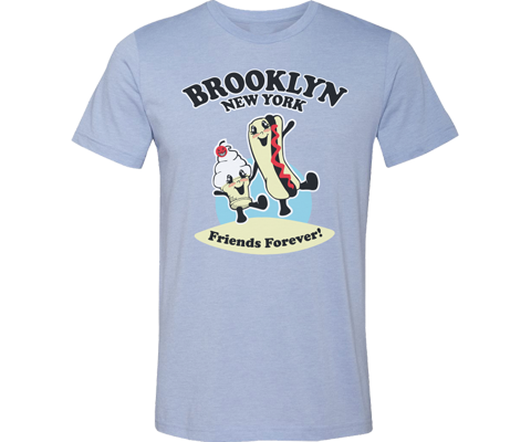 Light blue Brooklyn adult crew neck t-shirt featuring a retro illustrated “Friends Forever Brooklyn” design with a relaxed unisex fit.