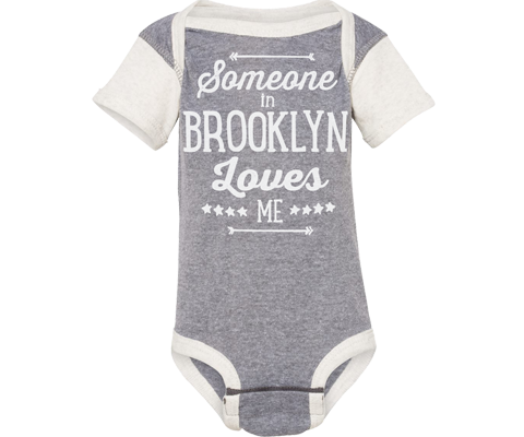  Brooklyn Baby Onesie, hand-printed design on a gray Baby Onesie, handmade gifts for babies made in Brooklyn NY