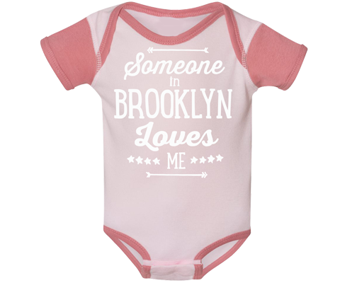 Brooklyn Baby Onesie, hand-printed design on a Raglan style Dusty pink baby's onesie, handmade gifts for babies made in Brooklyn NY