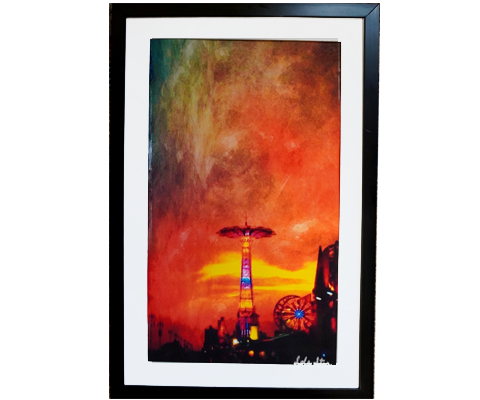 "Magic Hour Magic" Coney Island Boardwalk Watercolor on Canvas Framed Wall Art 11" x 17"
